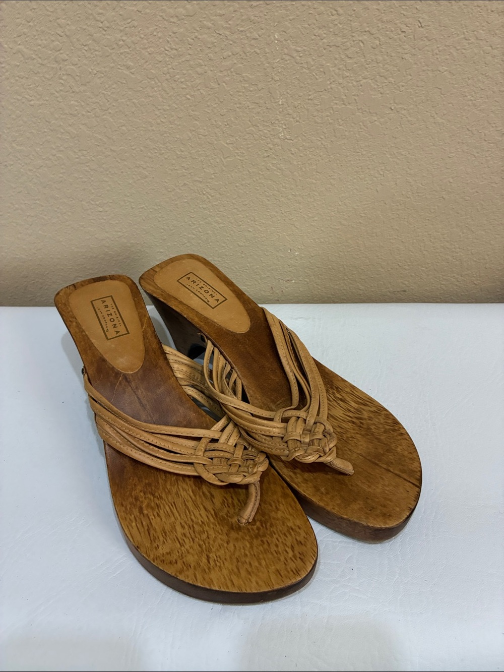 Arizona Jean Company Tan Woven Leather Wedge Sandals with Wooden-Look Heel